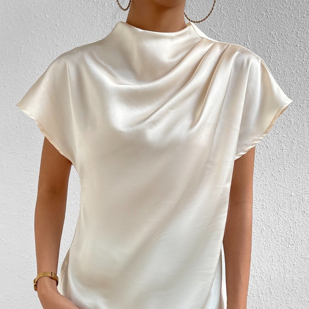 Apricot Casual Womens Mock Neck Batwing Sleeve Satin Blouse - Picture 5 of 5